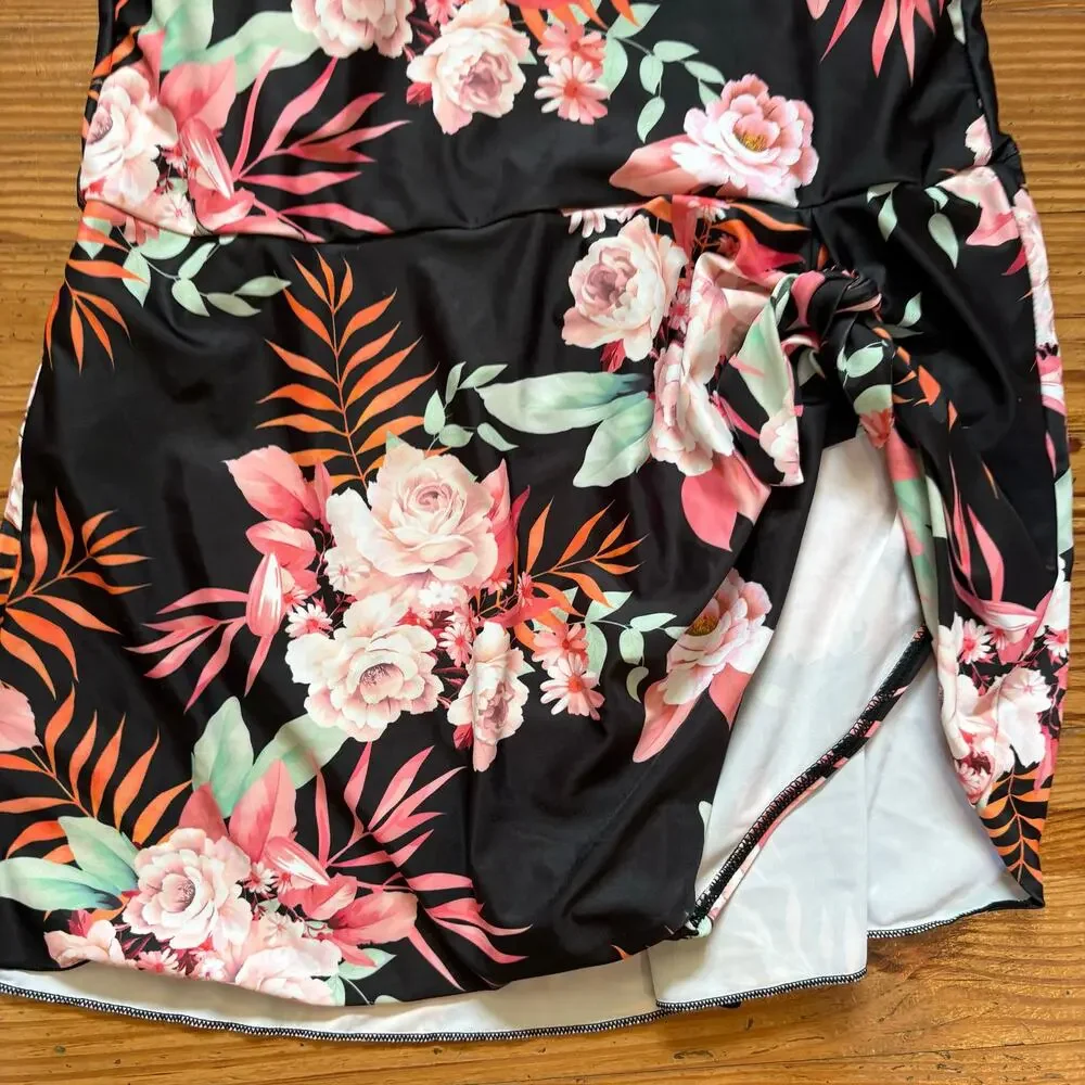NWT Shein black pink floral one piece skirt adjustable swimsuit‎ SIZE M